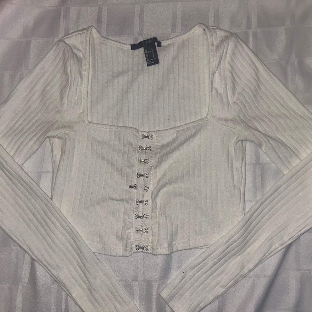 Forever 21 Ribbed Corset-Style Long Sleeve Top – White, Size S
